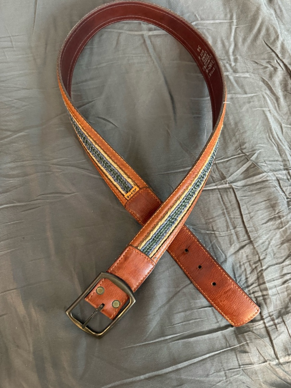 Levi's Brown Leather Belt with Blue and Green Woven Stripe vintage Orange tab